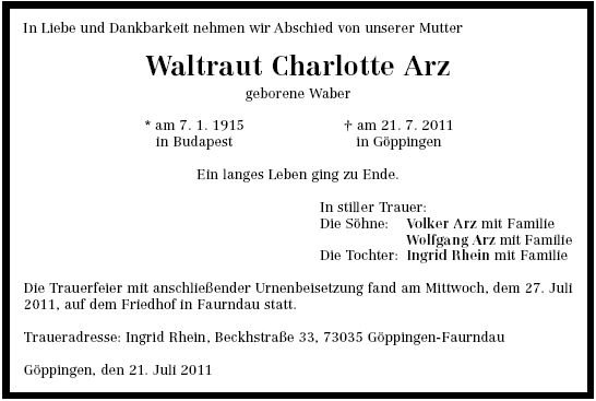Waber Waltraut 1915-2011 Todesanzeige